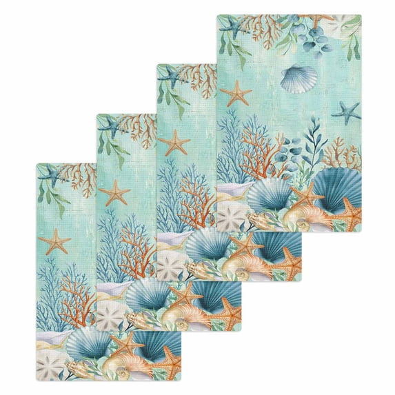 Teal Coastal Kitchen Dish Towels for Drying Dishes Set of 4, Summer Beach Starfish Shell Coral Nautical Waffle Weave Microfiber Hand Tea Bathroom Towels Quick Dry & Absorbent Towel 15.7x23.6