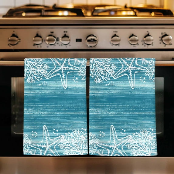 Teal Coastal Kitchen Towels Set of 1, Summer Ocean Sea Ombre Starfish Corals Absorbent Dish Towels for Kitchen, Microfiber Hand Towel, Quick Drying Tea Towel for Cleaning Decorative Dishcloths