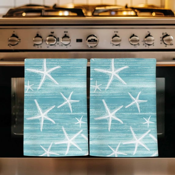 Teal Coastal Kitchen Towels Set of 4, Summer Ocean Waves Ombre Sea Starfish Absorbent Dish Towels for Kitchen, Microfiber Hand Towel, Quick Drying Tea Towel for Cleaning Decorative Dishcloths