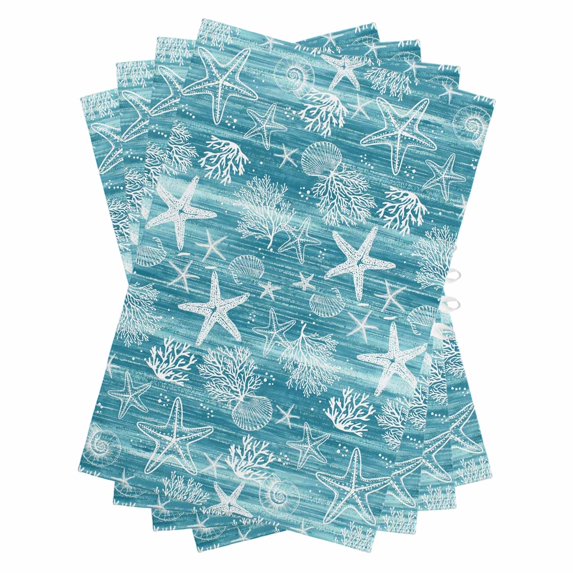 Teal Coastal Kitchen Towels Set of 4, Water Absorbent Dish Towel, Summer Ocean Sea Waves Starfish Corals Decorative Hand Towels - Quick Drying Cloth for Cooking Baking, 18x28 Inch