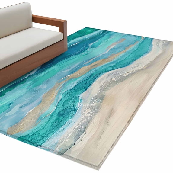 Teal Coastal Large Area Rugs for Bedroom Living Room, Soft Non Slip Carpet Bedside Rug, Summer Beach Nautical Abstract Art Rectangular Floor Cover Kitchen Accent Rug 4'x6' for Dining Room/Office