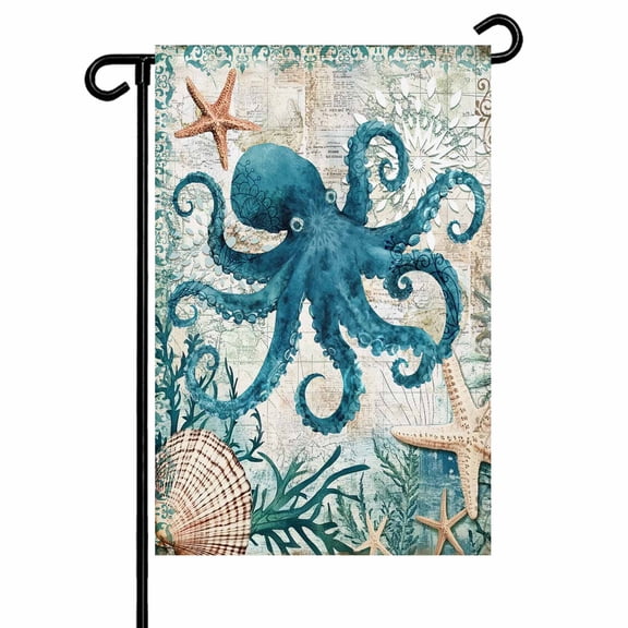 Teal Coastal Octopus Garden Flags for Outside Ocean Starfish Shell Nautical Map Double Sided Yard Flags Outdoor House Decoration, Small 12X18 Inch,