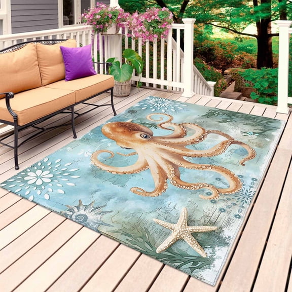 Teal Coastal Octopus Outdoor Rug for Patio/Deck/Porch, Non-Slip Large Area Rug 5 x 7 Ft, Vintage Starfish Beach Nautical Indoor Outdoor Rugs Washable Area Rugs, Reversible Camping Rug Carpet Runner