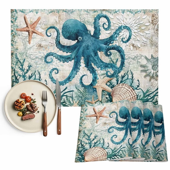 Teal Coastal Octopus Placemat of 1 PC, Ocean Starfish Shell Nautical Map Table Mats Washable Heat-Insulation Non-Slip Place Mats for Kitchen Dinner Table Indoor Outdoor Decor,13x19 Inch