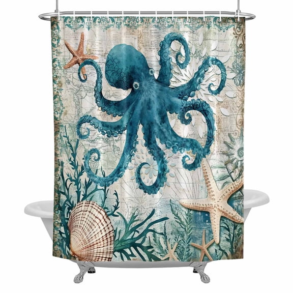 Teal Coastal Octopus Shower Curtain Set with Hooks, Ocean Starfish Shell Nautical Map Waterproof Fabric Bathroom Curtains Decor Home Accessories,72 X 72 Inch Long