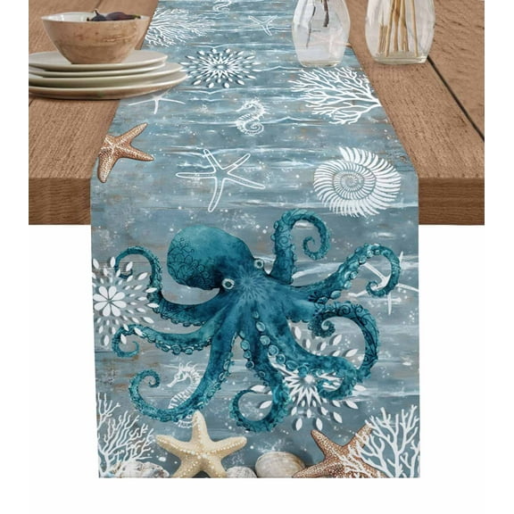 Teal Coastal Octopus Table Runner Nautical Starfish Coral Beach Tablerunners 13 x 36 Inch, Table Decorations Tabletop Scarf for Summer Gathering Holiday Farmhouse Kitchen Dining Decor