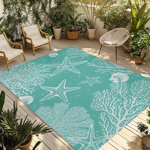 Teal Coastal Outdoor Rug for Patio/Deck/Porch, Non-Slip Large Area Rug 5 x 7 Ft, Starfish Coral Summer Beach Ocean Indoor Outdoor Rugs Washable Area Rugs, Reversible Camping Rug Carpet Runner