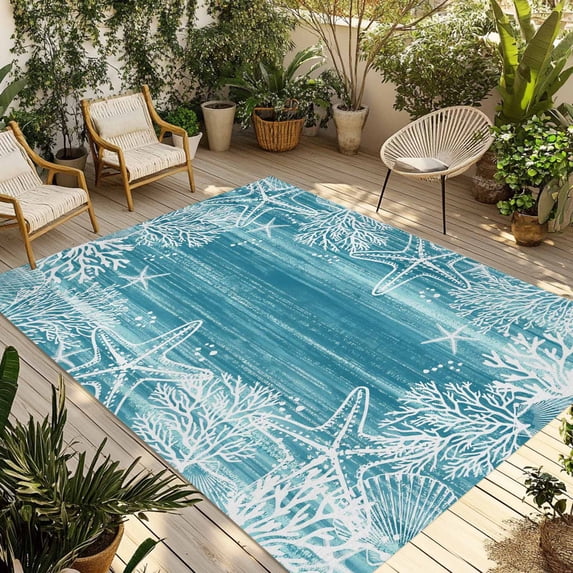Teal Coastal Outdoor Rug for Patio/Deck/Porch, Non-Slip Large Area Rug 5 x 8 Ft, Summer Ocean Sea Ombre Starfish Corals Indoor Outdoor Rugs Washable Area Rugs, Reversible Camping Rug Carpet Runner
