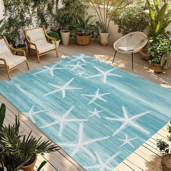 Teal Coastal Outdoor Rug for Patio/Deck/Porch, Non-Slip Large Area Rug 5 x 8 Ft, Summer Ocean Waves Ombre Sea Starfish Indoor Outdoor Rugs Washable Area Rugs, Reversible Camping Rug Carpet Runner