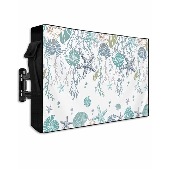 Teal Coastal Outdoor TV Cover 60 to 65 inch Starfish Coral Shell Summer Ocean Beach Waterproof Dustproof TV Covers for Outside with Zipper Remote Control Pocket Flat Screen Protectors