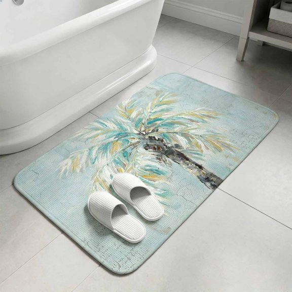 Teal Coastal Palm Tree Bathroom Rugs Non Slip Washable Bath Mat Absorbent Front Door Mat Tropical Seaside Trees Botanical Indoor Doormat for Kitchen Entryway Shower Decor Accessories 15.7"x23.6"