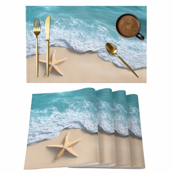 Teal Coastal Placemats Set of 2, Cotton Linen Fabric Place Mats, Summer Beach Starfish Nautical Seaside Washable Decorative Table Mats Protector for Home Kitchen Dining Wedding Party Coffee Tables