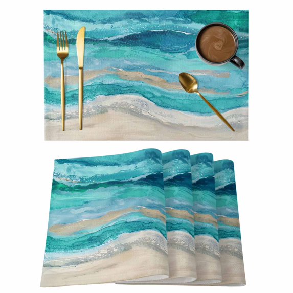 Teal Coastal Placemats Set of 8, Cotton Linen Fabric Place Mats, Summer Beach Nautical Abstract Art Washable Decorative Table Mats Protector for Home Kitchen Dining Wedding Party Coffee Tables