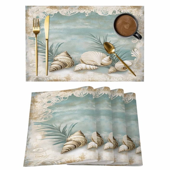 Teal Coastal Placemats Set of 8 Vintage Ocean Beach Shell Nautical Place Mats Indoor Wipeable Table Mats Washable Cloth Dining Table Placemats for Kitchen Holiday Party Home Decor 13x19 Inch