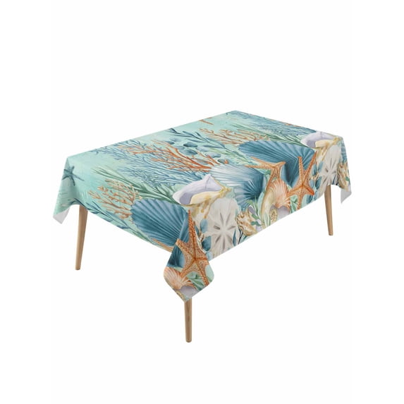 Teal Coastal Rectangle Tablecloth, Summer Beach Starfish Shell Coral Nautical Waterproof & StainResistant Tablecloth, Washable Oil-proof Table Cover for Dining/Party/Wedding/Camping/Buffet 60x120 In