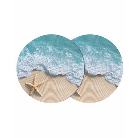 Teal Coastal Round 13 Inch Placemats Set of 2, Summer Beach Starfish Nautical Seaside HeatResistant Non Slip Place Mats for Dining Table, Wipeable Braided Kitchen Table Mats for Housewarming
