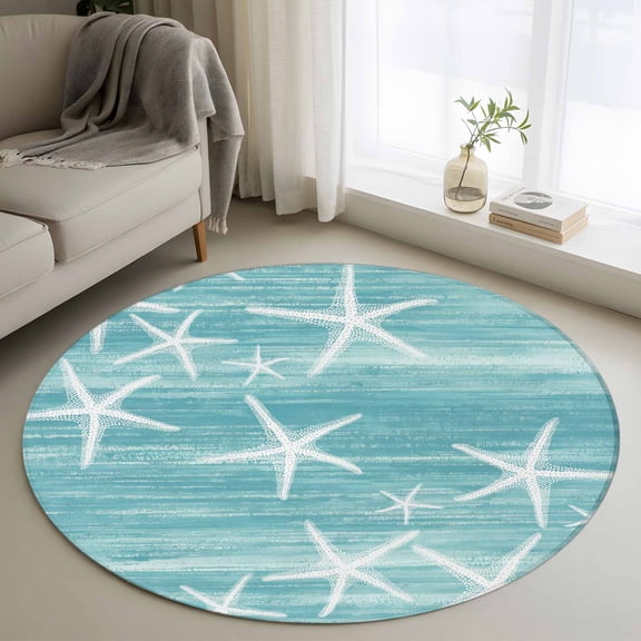 Teal Coastal Round Area Rug 3Ft Washable Small Circle Rugs for Kitchen Entryway, Summer Ocean Waves Ombre Sea Starfish Non-Slip Carpet Floor Mats Indoor Outdoor Carpet Runner Aesthetic Home Decor
