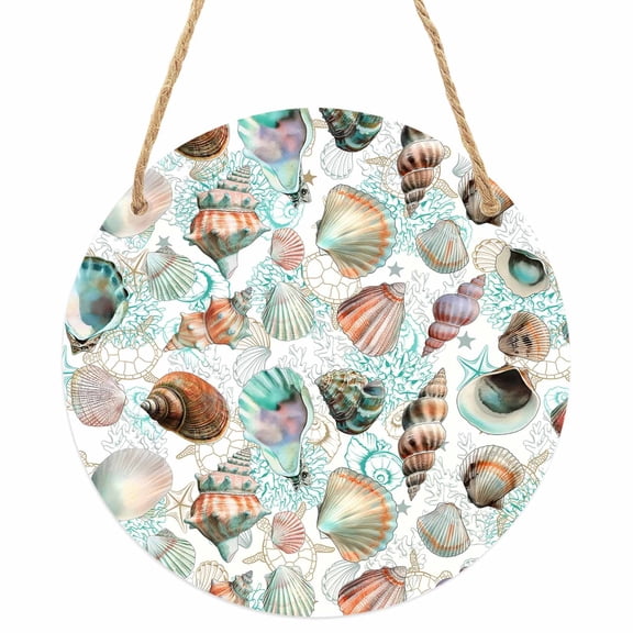 Teal Coastal Round Front Door Welcome Sign, 7.8 Inch Wall Hanging Decor for Indoor Outdoor, Summer Beach Conch Shell Nautical Ocean Home Porch Hanger Decorations for Holiday Gift