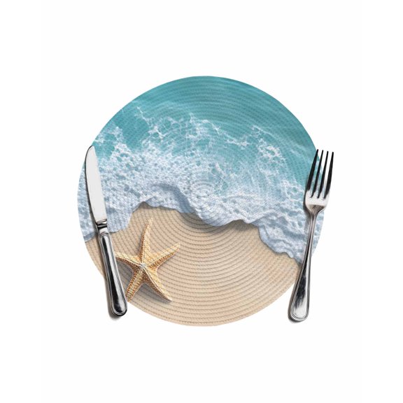 Teal Coastal Round Placemats for Dinning Tables,Heat-proof Braided Table Mats 13 Inch,Summer Beach Starfish Nautical Seaside Washable Place Mat for Kitchen Restaurant Party Decor Table Setting