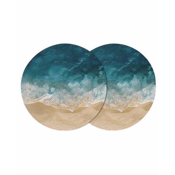Teal Coastal Round Placemats Set of 2 for Dinning Tables,Heat-proof Braided Table Mats 13 Inch,Summer Beach Nautical Saeside Washable Place Mat for Kitchen Restaurant Party Decor Table Setting