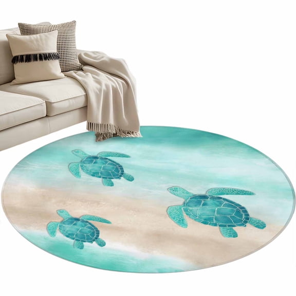 Teal Coastal Round Rug 3ft Washable Circle Entryway Rugs Non Slip Sea Turtle Beach Nautical Seaside Ocean Area Rug Indoor Floor Carpet for Bedroom Kitchen Living Room Home Office Dining Room Nursery