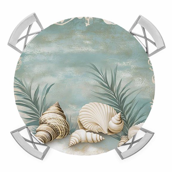 Teal Coastal Round Tablecloth for 36-44 Inch Tables, Fitted Table Cover with Elastic Edge, Vintage Ocean Beach Shell Nautical Waterproof Outdoor Table Cloth Protector for Patio Garden Dinner Picnic