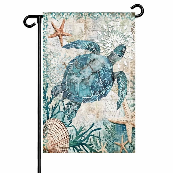 Teal Coastal Sea Turtle Garden Flags for Outside Ocean Starfish Shell Nautical Map Double Sided Yard Flags Outdoor House Decoration, Small 12X18 Inch,