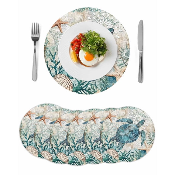 Teal Coastal Sea Turtle Round Table Placemats set of 6, Ocean Starfish Shell Nautical Map Washable Woven Place Mats for Dining Tables Kitchen Party Decor,Heat Proof, 13in,