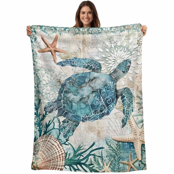 Teal Coastal Sea Turtle Throw Blankets, Ocean Starfish Shell Nautical Map Soft Fleece Blanket Decorative for Home Sofa Couch Chair Living Bedroom, 30x40 Inches,