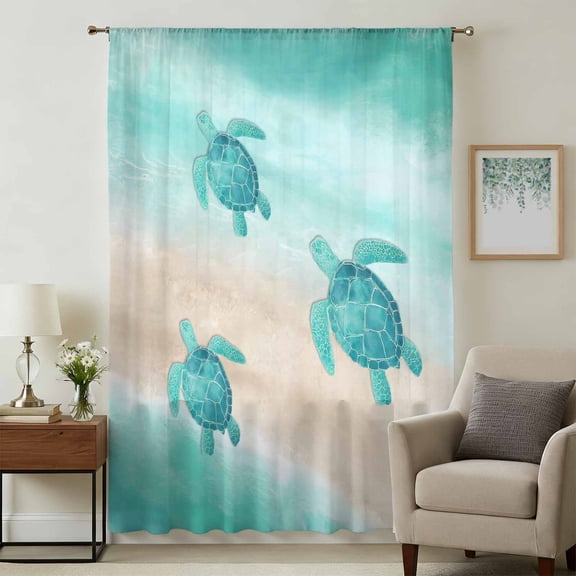Teal Coastal Sheer Curtains 108" Extra Long for Living Room, Sea Turtle Beach Nautical Seaside Ocean Light Filtering Privacy Drapes, Breathable Semi Sheer Window Treatment for Floor to Ceiling Window