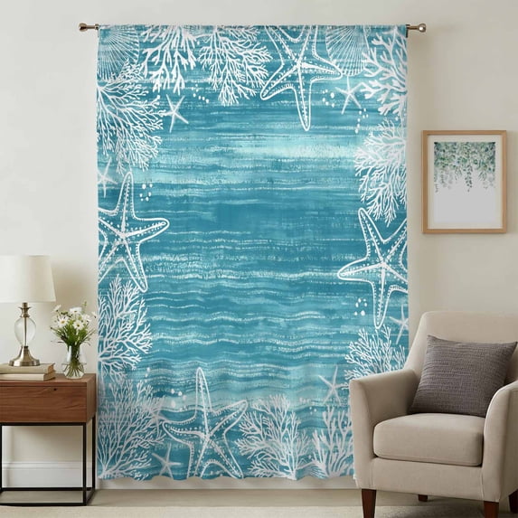 Teal Coastal Sheer Curtains 63 Inches Long, Summer Ocean Sea Ombre Starfish Corals Light Filering Curtains, Breathable Simi Curtain Privacy Drapes for Living Room Bedroom Lightweight Window Treatment