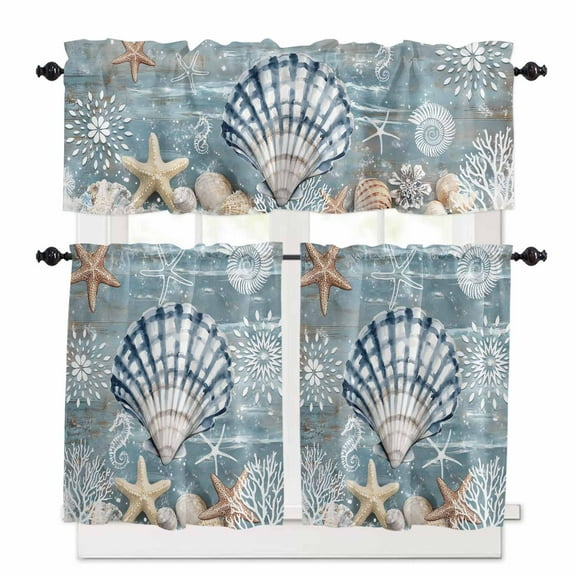 Teal Coastal Shell Kitchen Curtains and Valances Set, 3 Piece Kitchen Curtains Set 36 Inch Length, Summer Nautical Ocean Starfish Coral Rod Pocket Curtains Tier Farmhouse Window Curtains