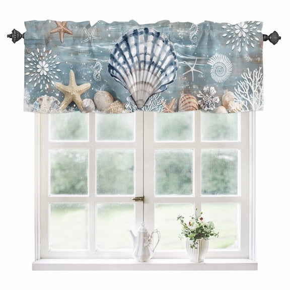 Teal Coastal Shell Kitchen Valances for Windows 42x18 Inch Kitchen Curtains Valances Rod Pocket Summer Nautical Ocean Starfish Coral Bathroom Window Valances for Window Treatment Decor