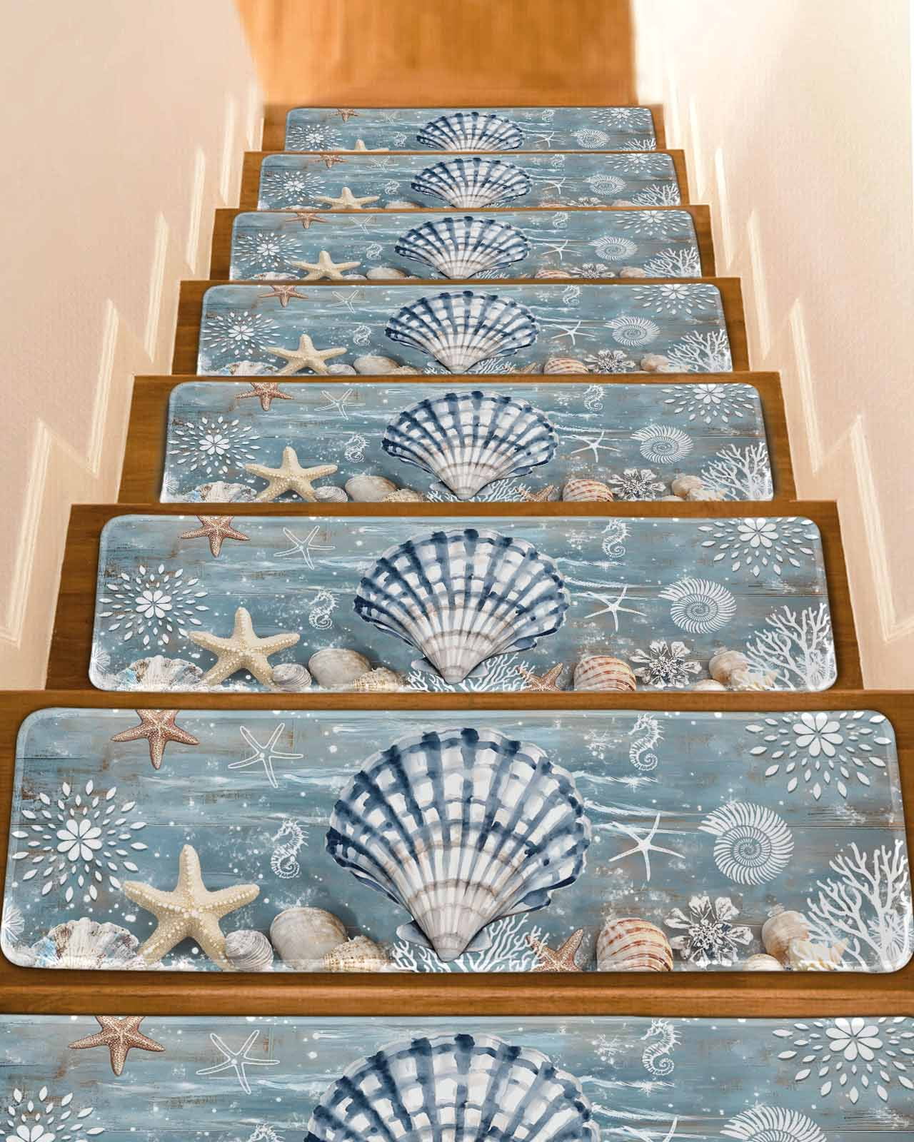 Teal Coastal Shell Stair Treads for Wooden Steps Indoor Runner Rug ...