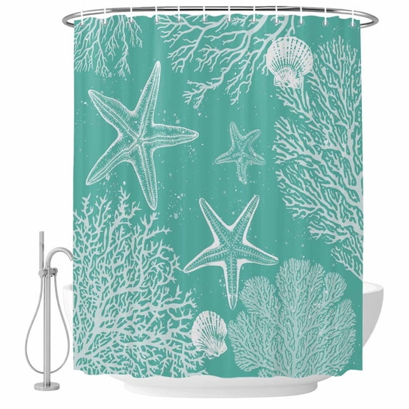 Teal Coastal Shower Curtain Set - 48" x 72" Washable Bathtub Curtain with 12 Hooks, Starfish Coral Summer Beach Ocean Waterproof Fabric Stall Shower Curtains for Bathroom/Bathtub Décor