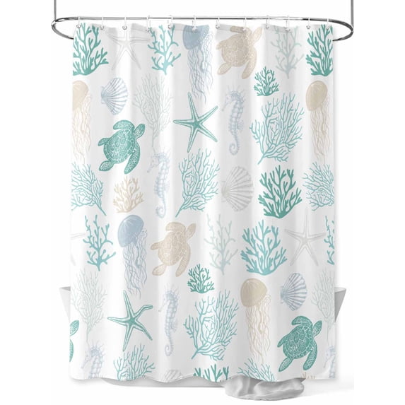 Teal Coastal Shower Curtain Set, Waterproof Shower Curtains for Bathroom, Nautical Summer Beach Coral Sea Turtle Washable Fabric Cloth Bath Curtain for Bathtub Decoration with Hooks 72x78 Inches