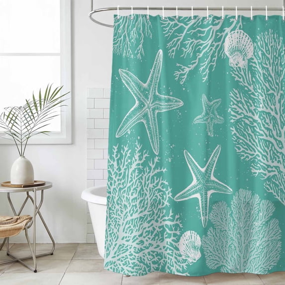 Teal Coastal Standard Shower Curtain Set, Waterproof Shower Curtains for Bathroom, Starfish Coral Summer Beach Ocean Washable Fabric Cloth Bath Curtain for Bathtub Decoration with Hooks 72x72 Inches