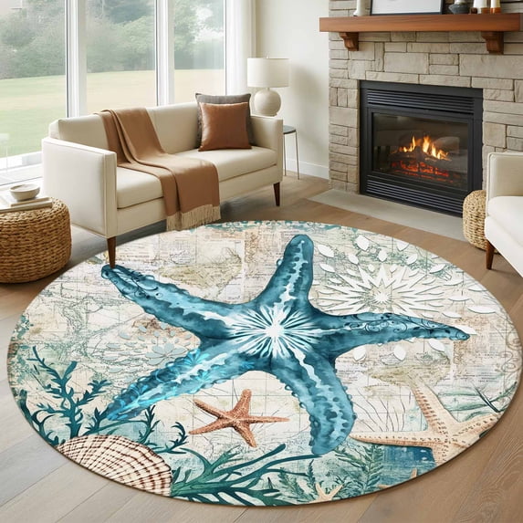 Teal Coastal Starfish Round Area Rug 7 FT,Non Slip Living Room Area Carpet,Vintage Summer Beach Nautical Coral Washable Soft Circular Rug Floor Carpet for Bedside Office Play Room Classroom
