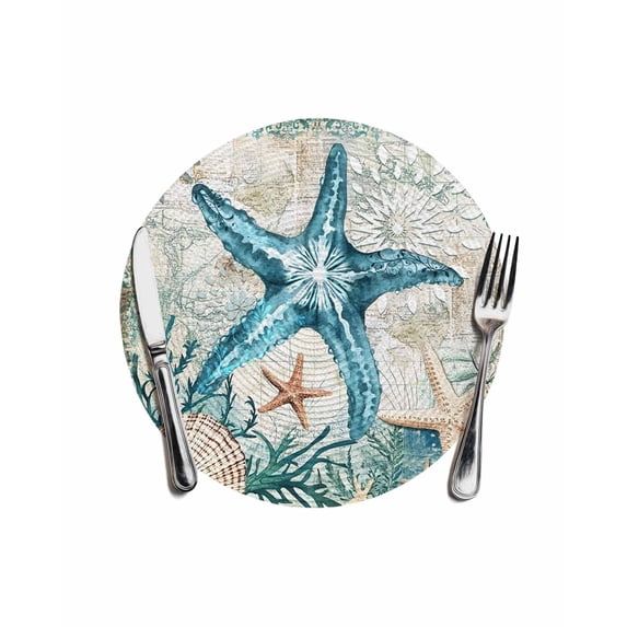 Teal Coastal Starfish Round Placemats for Dinning Tables,Heat-proof Braided Table Mats 13 Inch,Vintage Summer Beach Nautical Coral Washable Place Mat for Kitchen Restaurant Party Decor Table Setting