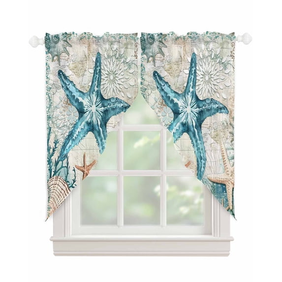 Teal Coastal Starfish Swag Valances for Windows, Vintage Summer Beach Nautical Coral Rod Pocket Sheer Valances for Windows, Swag Toppers Light Filtering for Kitchen Living Room 2 Panels 36''x63''
