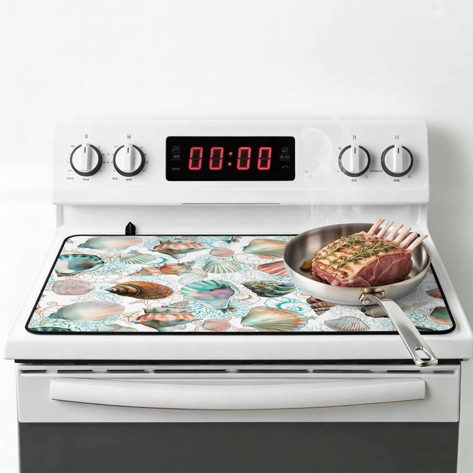 Teal Coastal Stove Top Cover for Electric Stove, Heat-proof & Non Slip Glass Top Stove Cover Protector, Summer Beach Conch Shell Nautical Ocean Kitchen Flat Cooktop Rubber Mat 24x21 Inches