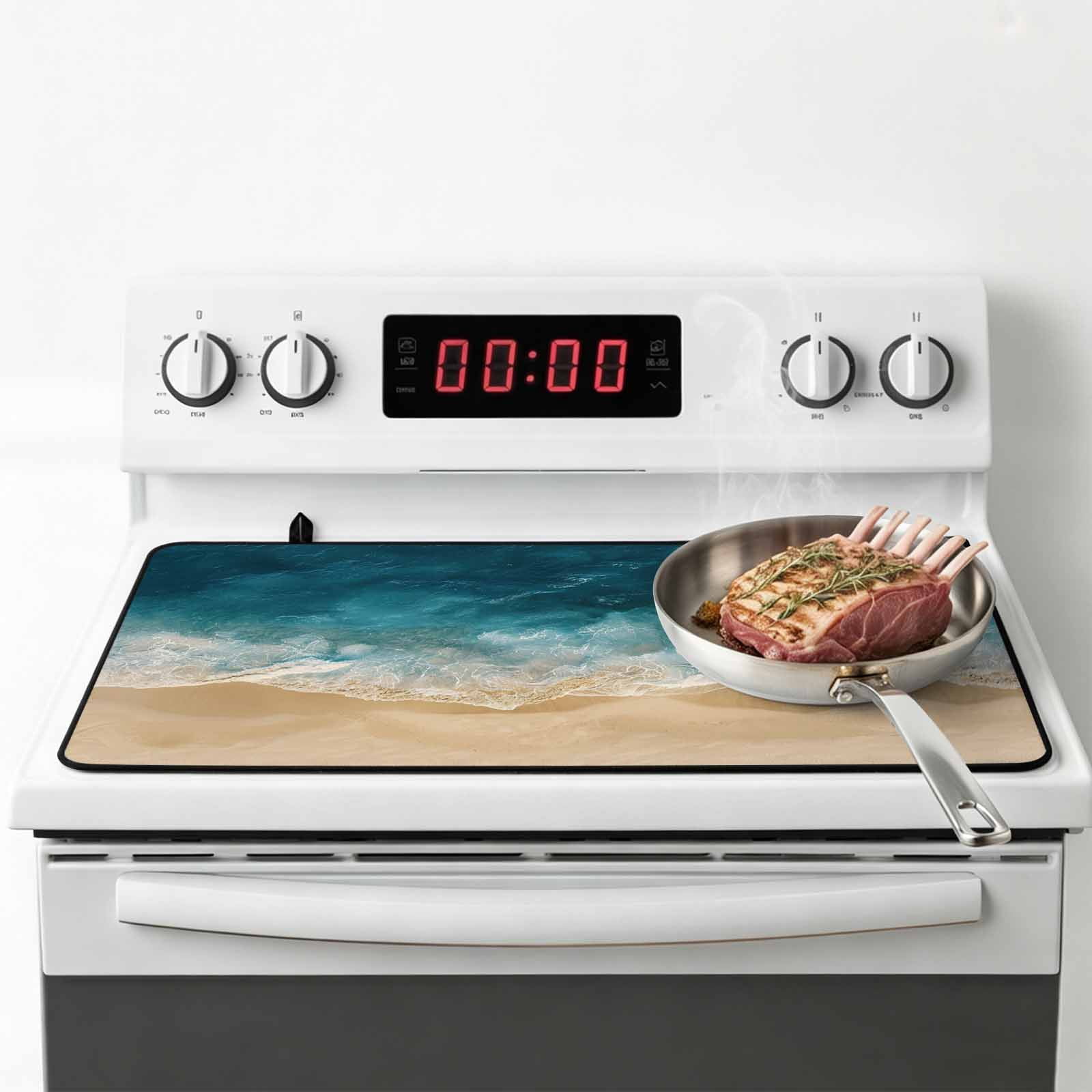 Teal Coastal Stove Top Cover for Electric Stove, Heat-proof & Non Slip Glass Top Stove Cover Protector, Summer Beach Nautical Saeside Kitchen Flat Cooktop Rubber Mat 24x21 Inches