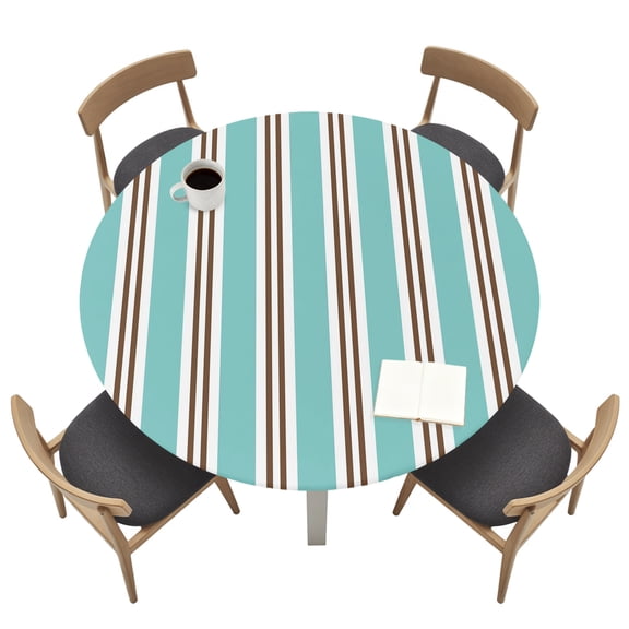 Teal Coastal Stripe Pattern Round Fitted Tablecloth with Elastic Edged, Nautical Preppy Vibe Waterproof Table Cover for Dinner Outdoor Picnic &nbsp;Fits Round Tables up to 36"- 44" Diameter