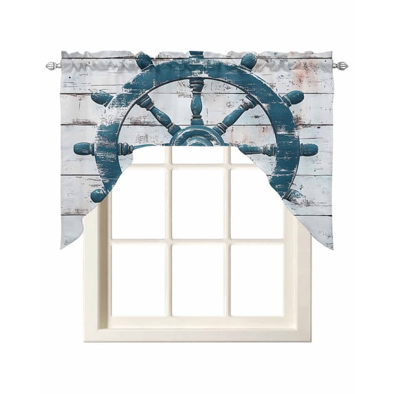 Teal Coastal Swag Valances for Windows, Small Curtains Drapes, Nautical Summer Rudder Vintage Kitchen Window Curtains Over Sink Rod Pocket Window Treatment Valance for Bedroom/Bathroom 56"x36"