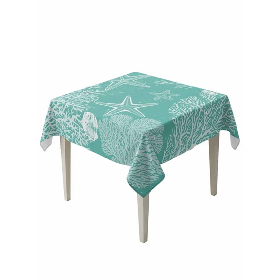 Teal Coastal Table Cloth, Waterproof Tablecloth for Square Tables, Starfish Coral Summer Beach Ocean Reusable Washable Fabric Table Cover for Restaurant Kitchen Dining Tables 54"x54"