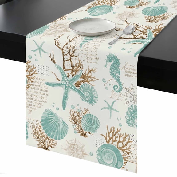 Teal Coastal Table Runner 13x36 Inch Starfish Shell Coral Seahorse Ocean Vintage Table Runner Non-Slip Dresser Scarves for Holiday Decorations, Party, Dinner and Gatherings, 1 Pack
