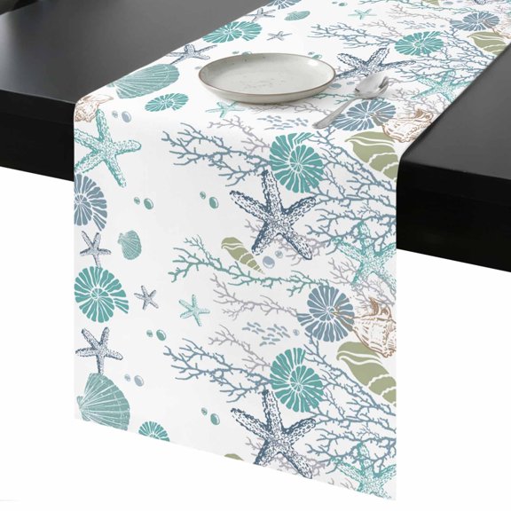 Teal Coastal Table Runner 13x60 Inch Starfish Coral Shell Summer Ocean Beach Table Runner Non-Slip Dresser Scarves for Holiday Decorations, Party, Dinner and Gatherings, 1 Pack
