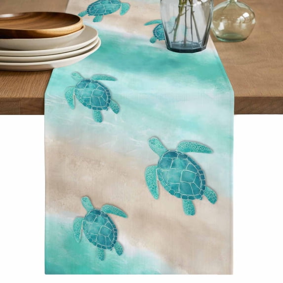 Teal Coastal Table Runner 48 Inches, Sea Turtle Beach Nautical Seaside Ocean Bed Runner Dresser Scarves Tabletop for Indoor Outdoor Parties/Ceremony/Banquet, 13" x 48"