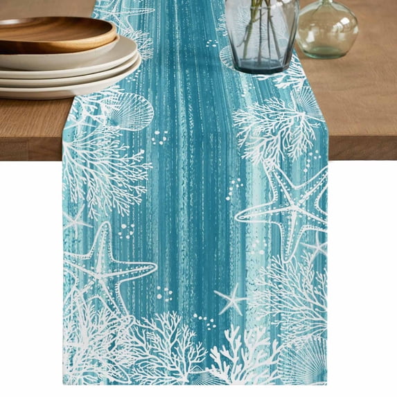 Teal Coastal Table Runner 72 Inches, Summer Ocean Sea Ombre Starfish Corals Bed Runner Dresser Scarves Tabletop for Indoor Outdoor Parties/Ceremony/Banquet, 13" x 72"