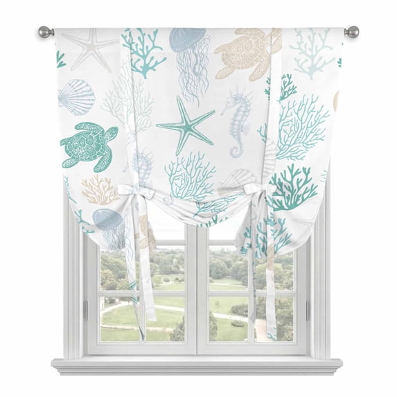 Teal Coastal Tie Up Curtains for Kitchen Windows,Adjustable Rod Pocket Valance 45 Inch Short, Nautical Summer Beach Coral Sea Turtle Window Treatment Balloon Roman Blind Shade, 52" x 45"